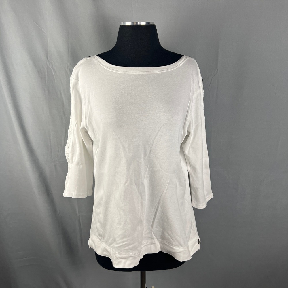 Hillard & Hanson Blouse Top Women Large Beige Cotton Eyelet Lace Panel Side Slit